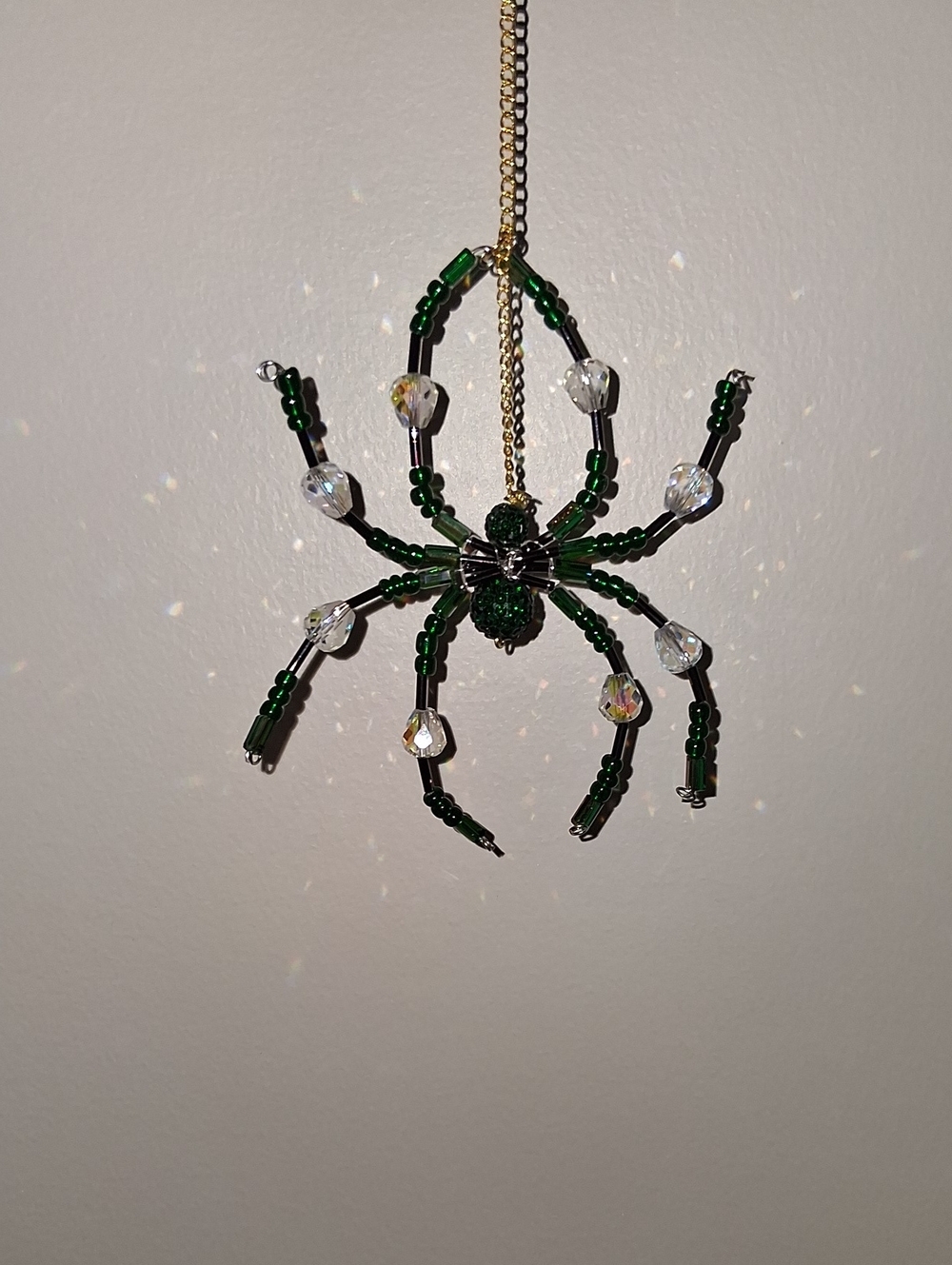 Handmade Beaded Spider Ornament - Green and Clear